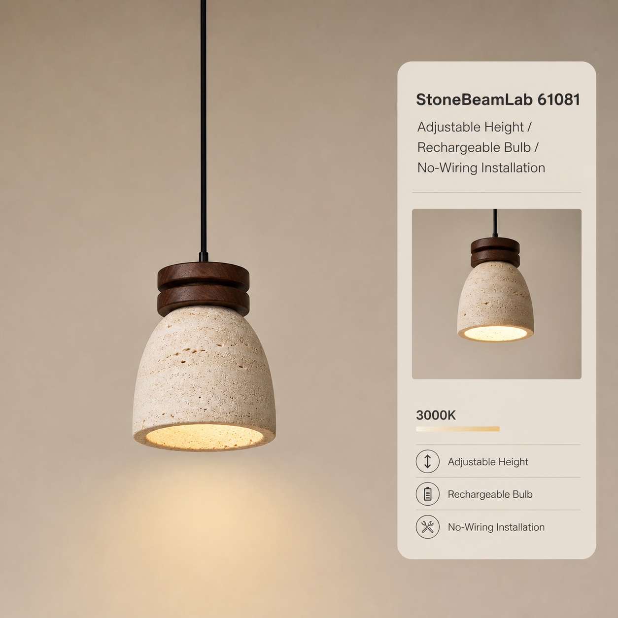 StoneBeamLab 12.5 cm natural stone pendant light image 6
